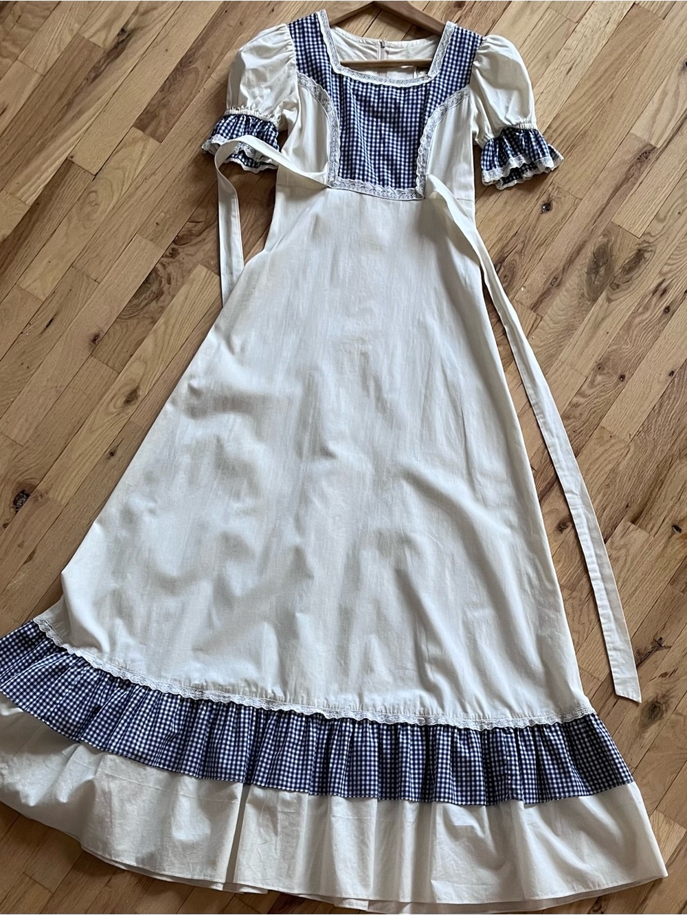 Gunne Sax by Jessica Vintage Cream Dress with Navy Gingham Yoke - Picture 2 of 7